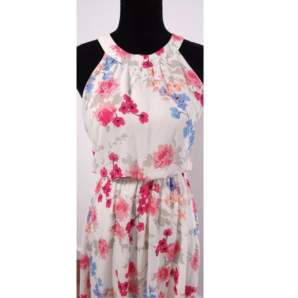 Elle High Neck High Low Pink & Blue Floral Fit & Flare Dress Sz Medium - Picture 3 of 9